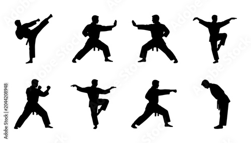 Fotografía Martial Arts Silhouette Set: Karate, Kung Fu, Taekwondo Poses, Dynamic Action Fi