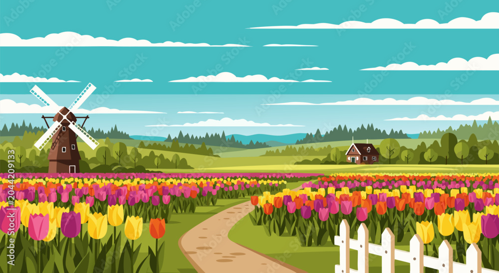 Fototapeta premium Beautiful country landscape vector illustration of a blooming tulip field with a windmill and a house in the background under a cloudy sky