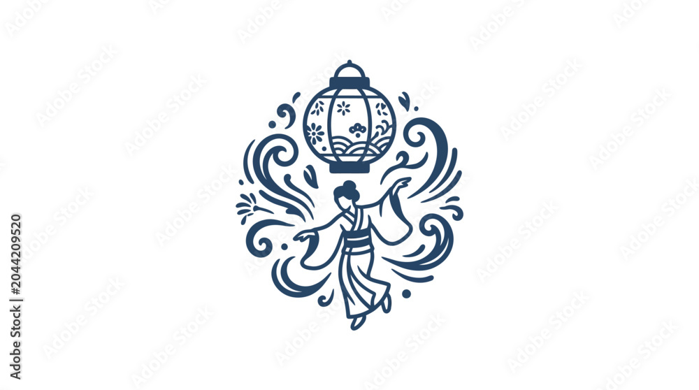 Αυτοκόλλητο A stylized illustration of a Japanese woman dancing beneath a traditional paper lantern
