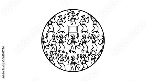 Εκτύπωση καμβά A circular illustration featuring multiple figures performing a traditional Japanese Bon Odori dance