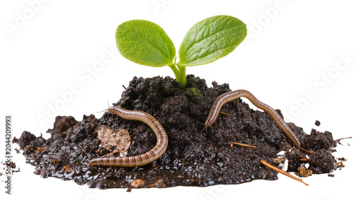 Foto Small green seedling growing from dark soil with two millipedes crawling on it