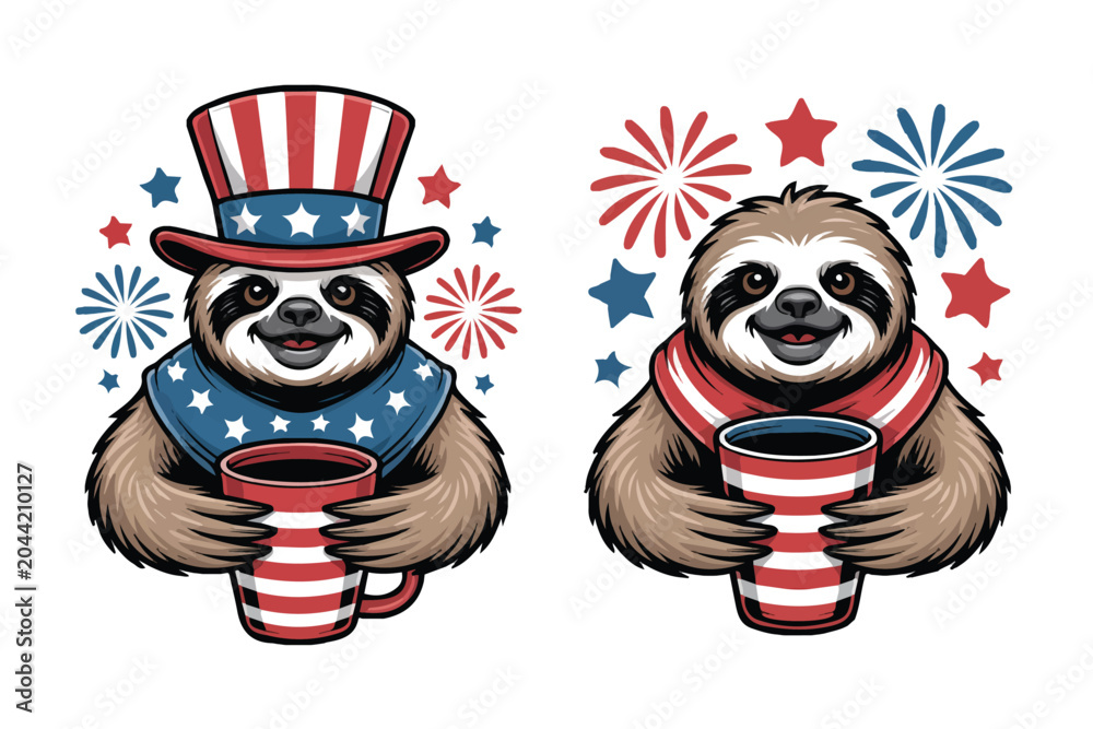 Fototapeta premium 4th of July Sloth Coffee Lover Vector Illustration, Patriotic Animal Design