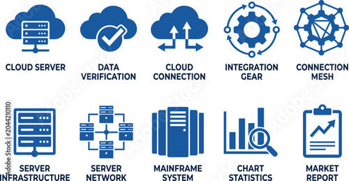 Tableau sur toile Data server, cloud connection, system integration, market report, and network infrastructure blue vector icon set