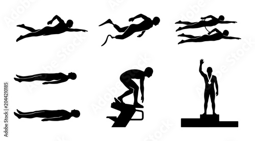 Fotografie Swimming Silhouettes Collection, Diverse Aquatic Sports Poses, Competitive Swimm