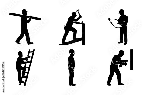 Fotografie Construction Worker Silhouettes, 6 Vector Icons Set: Building, Carpentry, Bluepr