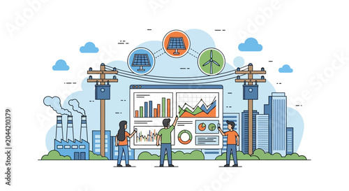 Photos People analyzing energy production and consumption data on a digital dashboard