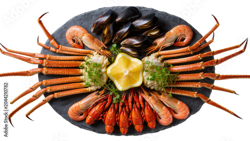 Quadro su tela Seafood platter with crab legs shrimp mussels, and lemon slice