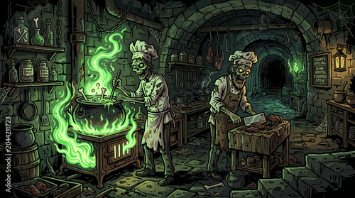 Foto Zombie chefs prepare a bubbling green stew in a dark dungeon kitchen with hanging meat and macabre cooking ingredients