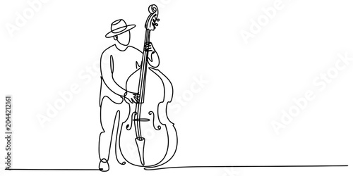 Quadro su tela Continuous single line drawing of a man playing a double bass instrument wearing