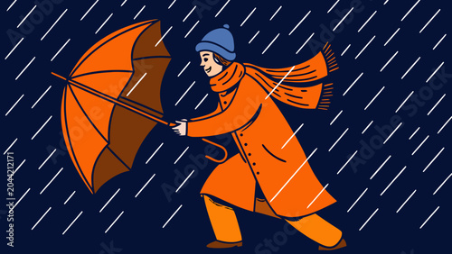 Photos A vector illustration depicting a person with an umbrella walking against heavy