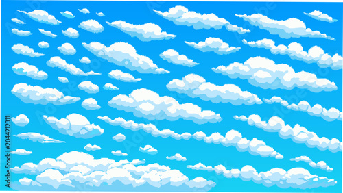 Photos A vibrant blue sky filled with numerous white puffy clouds in a pixelated vector