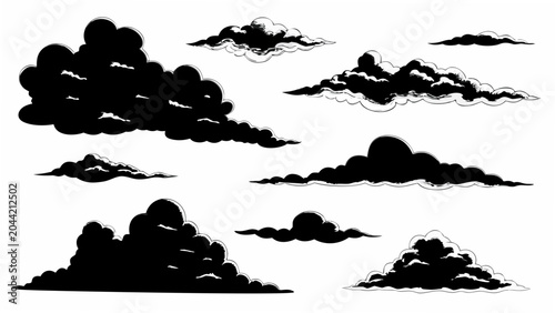 Black cloud silhouettes arranged against a white background forming a whimsical atmospheric composition black and white cloud formation cloudscape clouds cumulus dark design element element