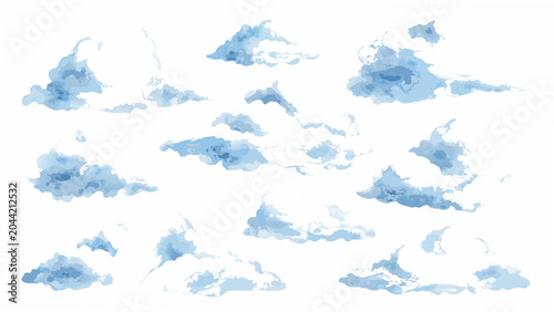 Photos Watercolor clouds collection with varying shapes and shades of blue against a wh