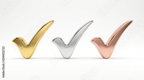Three shiny metallic check marks rendered in polished gold silver and rose gold finishes showcasing a professional high quality 3d design style on white background