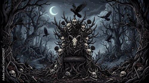 Принти на полотні Menacing throne crafted from twisted branches and skulls sits deep within a haunted forest at night under a glowing crescent moon