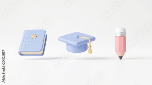 A light blue book with a golden star alongside a mortarboard graduation cap and a cute pink pencil icon rendered in a soft 3d style on white background.