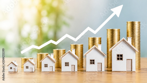 Real Estate Growth: Miniature houses arranged in ascending order of size, juxtaposed with stacks of gold coins, illustrate the concept of property value appreciation and investment growth.