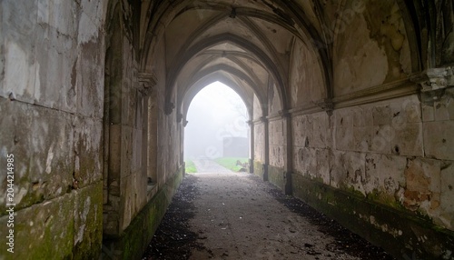 Ancient stone tunnel leading to bright archway in medieval ruin.