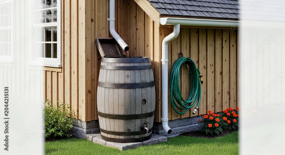 Obraz premium Rustic Rain Barrel Water Collection System Attached to Wooden House Exterior With Green Hose.jpg