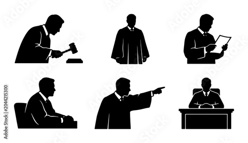 Bild auf Leinwand Silhouette Icons of Judges and Legal Professionals, Courtroom Figures, Justice S