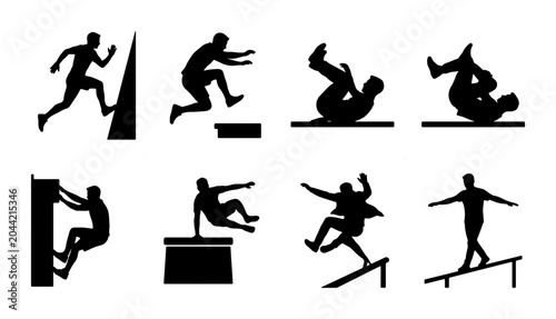 Canvas Print Parkour Silhouette Icons Set, Urban Extreme Sports Action Poses, Dynamic Movemen