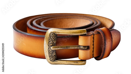 Photos Rolled leather belt with ornate brass buckle