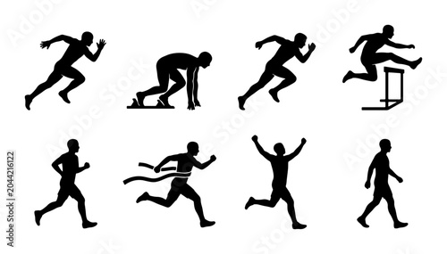 Foto Athletic Runner Silhouettes, Sprinting, Hurdles, Finish Line, Victory Poses, Spo