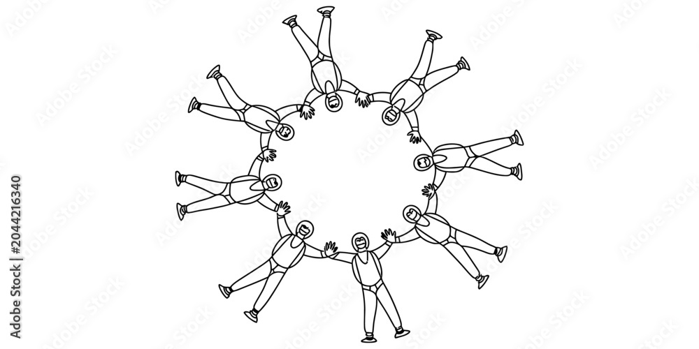Fototapeta premium Group of skydivers holding hands in a circle formation while freefalling in the sky during a professional extreme sport skydiving jump activity illustration Vector, illustration