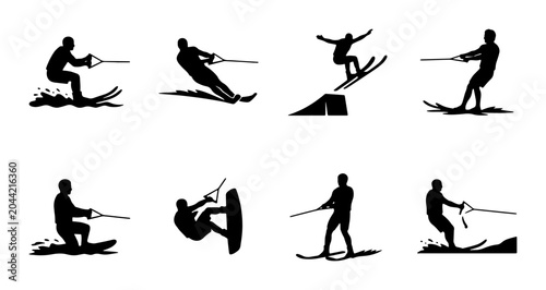 Foto Water Skiing Silhouette Icons Set, Dynamic Action Poses, Extreme Sports Vector G