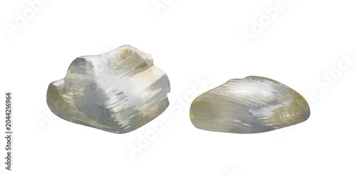 Canvas Print Watercolor stone set with two grey sea pebbles isolated on white background