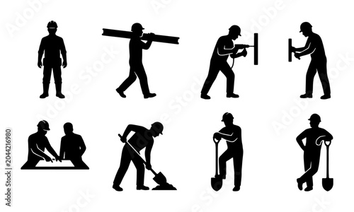 Εκτύπωση καμβά Construction Worker Silhouettes, 8 Icons Set