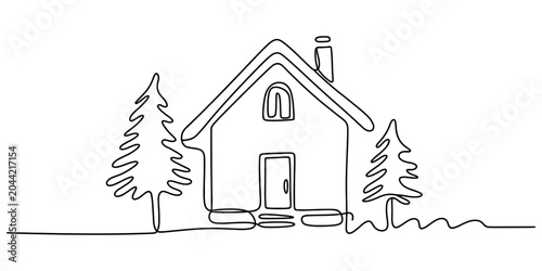 Konstfotografi A single continuous line drawing of a small cozy house surrounded by two evergre