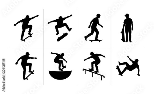 Tablou pe pânză Skateboarder Silhouette Icons, Dynamic Action Poses, Extreme Sports Vector Graph