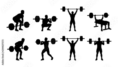 Fotografia Weightlifting Silhouettes Set, Strength Training Exercises, Barbell Workout Icon