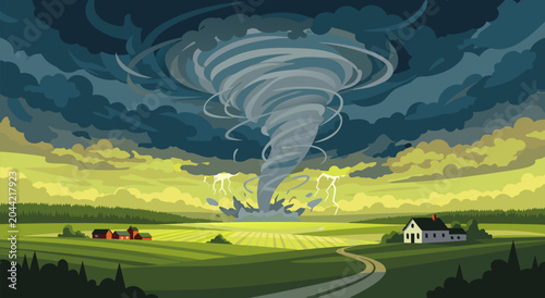 Foto A dramatic vector illustration of a destructive tornado in a rural landscape wit