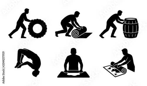 Obraz na plátne Fitness Training Icons Set, Strength Workout Silhouettes, Exercise Action Poses,