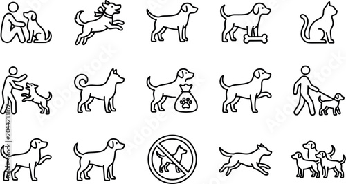 Photography Dog training and pet care line icon set featuring walking on leash playing runni