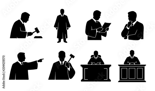 Foto Silhouette Icons of Judges and Legal Figures, Courtroom Justice Symbols, Law and