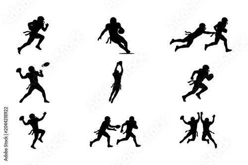 Quadro su tela American Football Player Silhouettes, Action Poses Vector Set: Running, Throwing