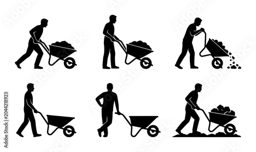 Фотография Construction Worker Wheelbarrow Silhouettes, Manual Labor, Digging, Moving Soil,