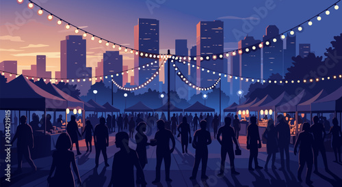 Vector illustration of a lively outdoor night market with people and city skyline at dusk, string lights creating a festive atmosphere, a3