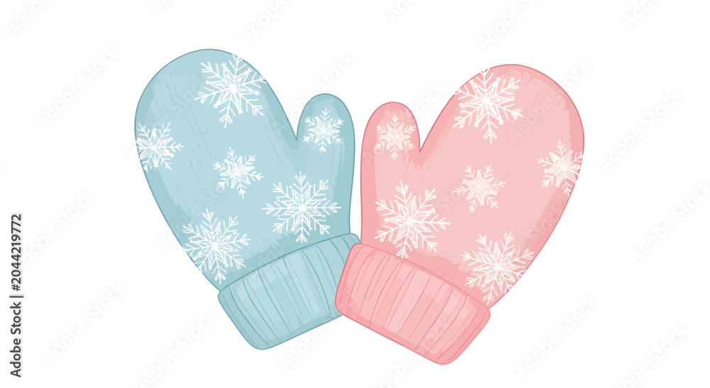 Fototapeta premium Snowflakes adorn warm colorful mittens in a cozy winter illustration