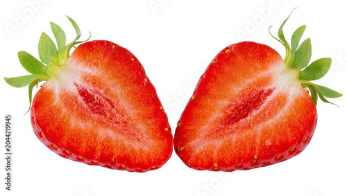 Fotografie Two halves of a ripe red strawberry with green leaves