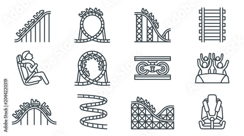 Schilderij op canvas A collection of twelve linear icons depicting various roller coaster elements and amusement park features