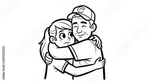 Heartfelt hug between young girl and older man illustration.