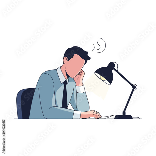 Light Burnout Concept Illustration of Faceless Employee Working Late