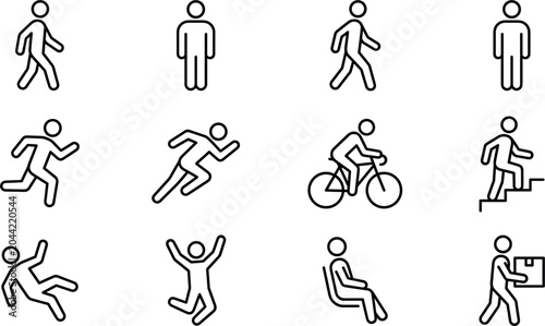 Foto Human motion and daily physical activity line icon set featuring walking standin