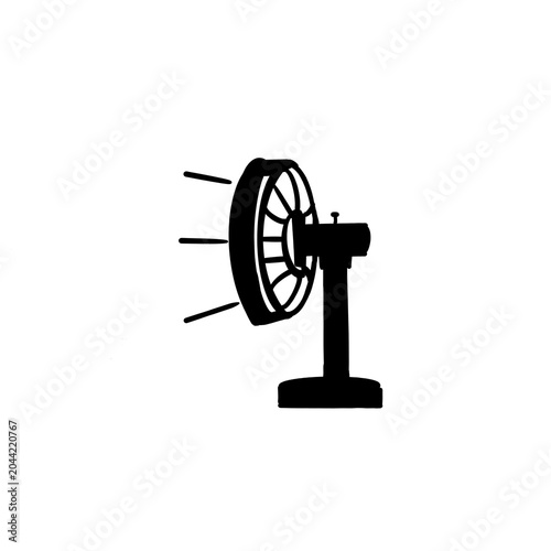 Black and white hand-drawn illustration of an electric fan, simple household appliance line art for home comfort concepts.