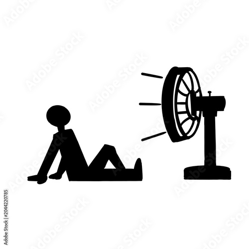 Black and white hand-drawn illustration of a person sitting in front of an electric fan, enjoying cool airflow on a hot day