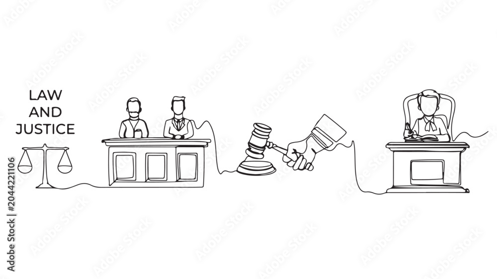 Fototapeta premium Law and justice continuous line art vector, courtroom scene with judge and lawyers, legal system concept with gavel and scales of justice